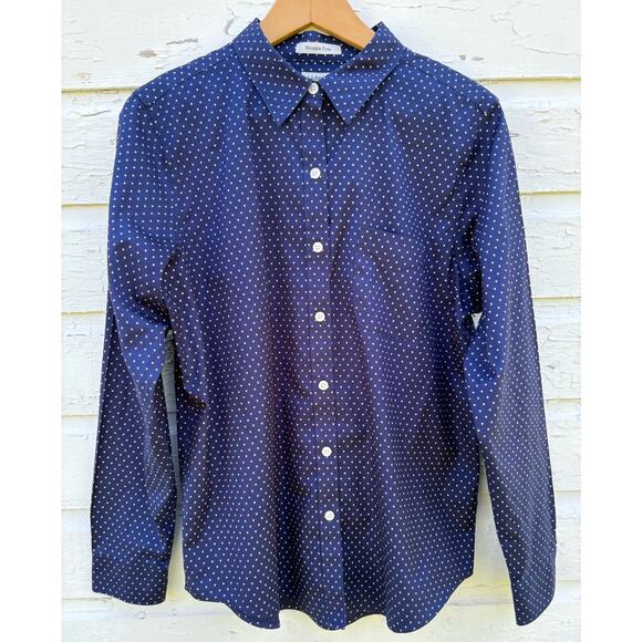 L.L. Bean Button Front Shirt Womens M Blue Cotton Wrinkle Free Heart Dots - Picture 1 of 5